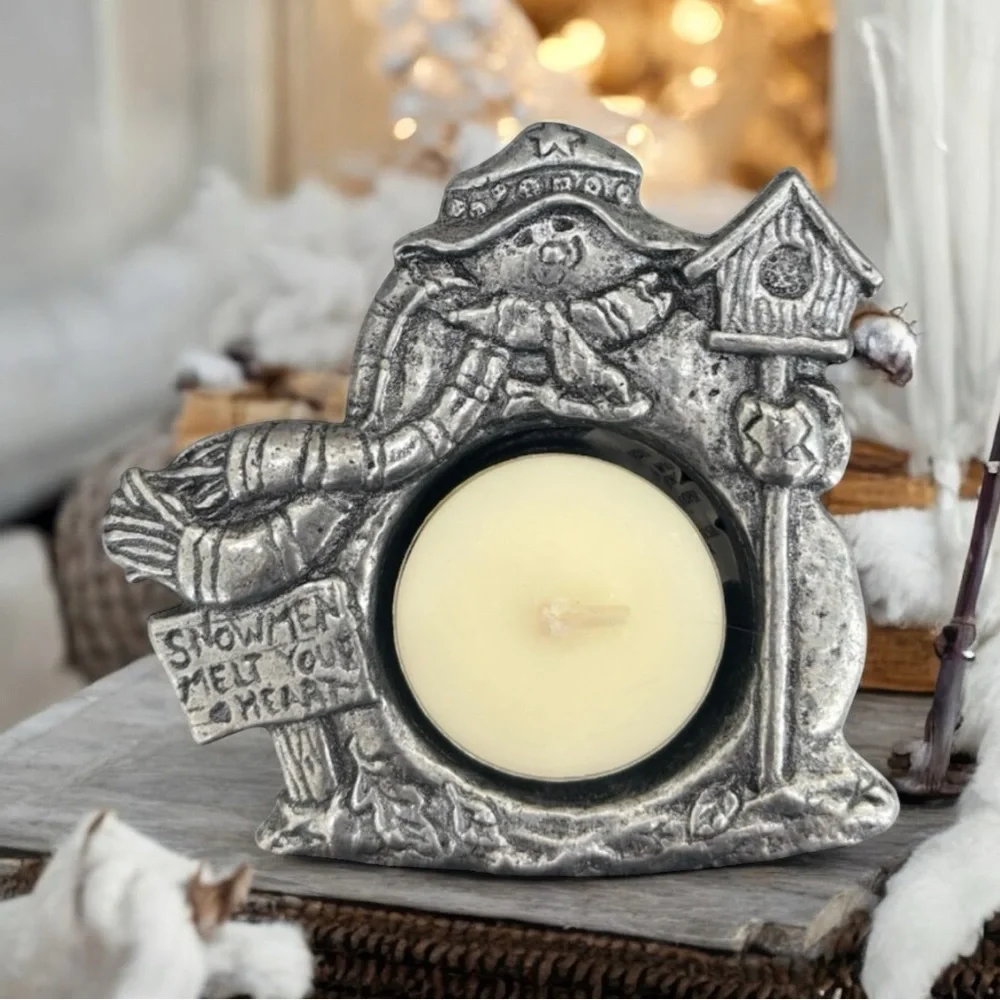 Vintage Pewter Candle Holder Snowman Christmas Winter Tea Light 90s Retro Carson